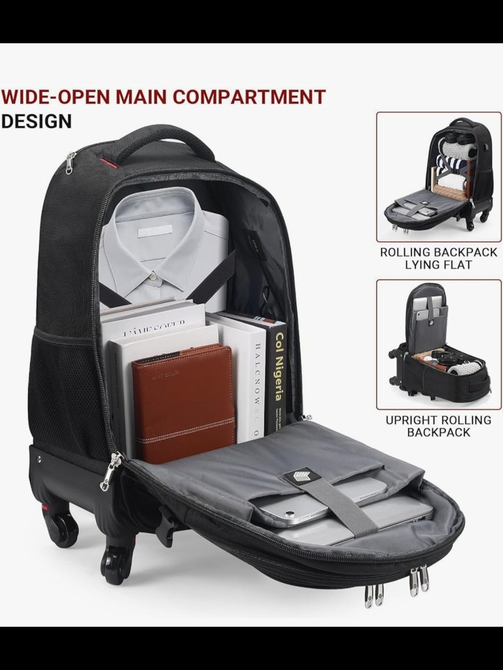 17.3" Rolling Laptop Backpack Carry-On in Black with Red Accent - Picture 6 of 8